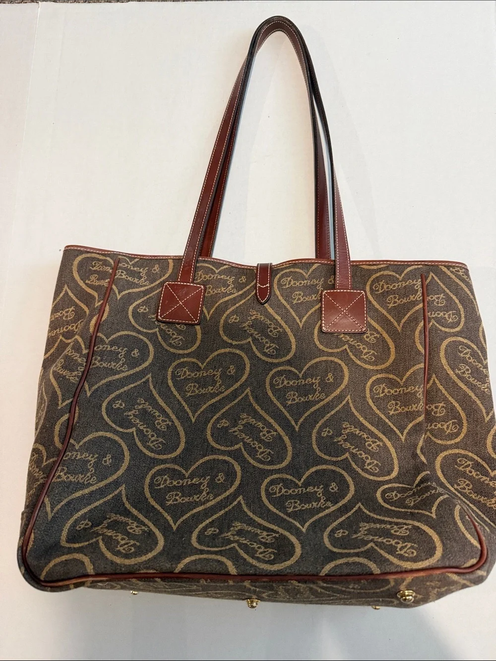 Dooney & Bourke Brown Logo Heart Canvas Tote with Leather Trim